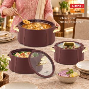 Jaypee Plus Aralia Klass PU Insulated Casserole Set of 3 | Stainless Steel Inner, Toughened Glass Lids & Premium Handles | 1000ml, 1500ml & 2000ml