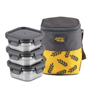 Jaypee Plus Storelock Square Set of 3 350ml each Stainless Steel Containers Office Lunch Box