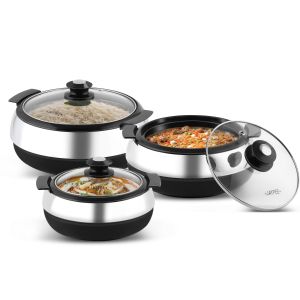 Jaypee Glasserol Inner Stainless Steel PU Insulated Casserole Set of 3, (800+1200+1700ml) Black