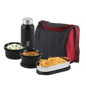 Jaypee Plus Nxt Meal all-in-one Airtight Office Lunch Box with Bottle & Insulated Bag, 1780ml Black